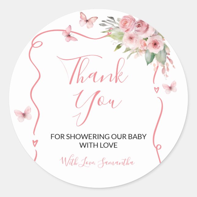Sticker Rond Cute Bunny Baby Shower Girl Pink Floral Thank You (Devant)