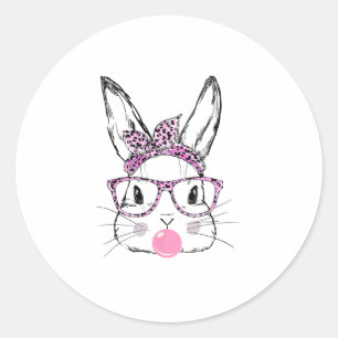 Sticker Rond Cute Bunny Face Pink Léopard Lunettes Bubblegum Ea