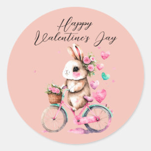 Sticker Rond Cute Bunny Hearts Rose Hearts Joyeux Valentines Da