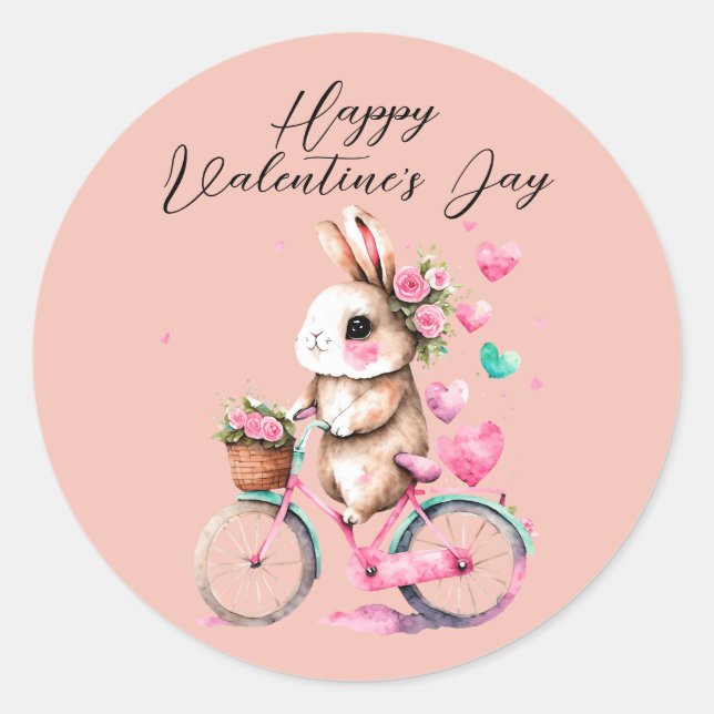 Sticker Rond Cute Bunny Hearts Rose Hearts Joyeux Valentines Da (Devant)