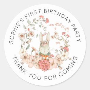 Sticker Rond Cute Bunny rose Floral 1er anniversaire Merci