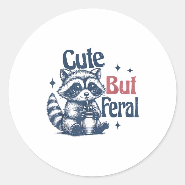 Sticker Rond Cute But Feral Raccoon Drinking Boba Toddler Vinta (Devant)