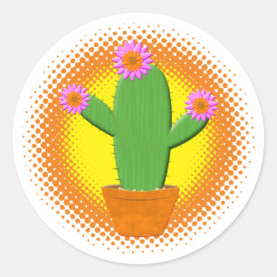 Sticker Rond Cute Cactus Cartoon Avec Fleurs Roses