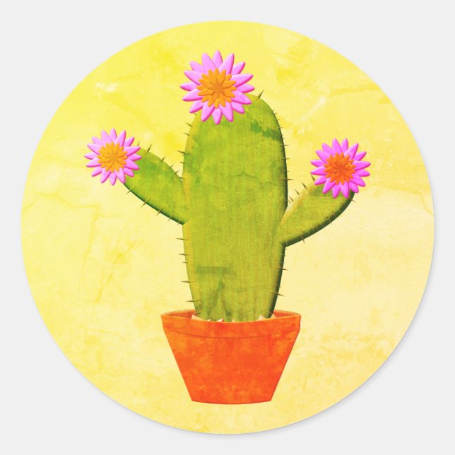 Sticker Rond Cute Cactus En Dessin Avec Peinture De Fleurs Rose (Devant)