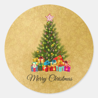 Sticker Rond Cute, Cadeaux de Noël colorés, Pin Tree, Or