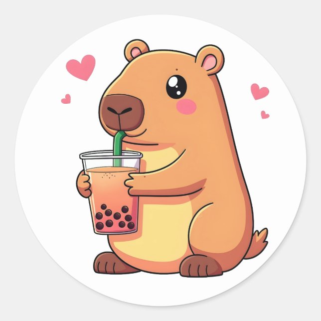 Sticker Rond Cute Capybara Boire Boba Bubble Tea Femmes Filles (Devant)