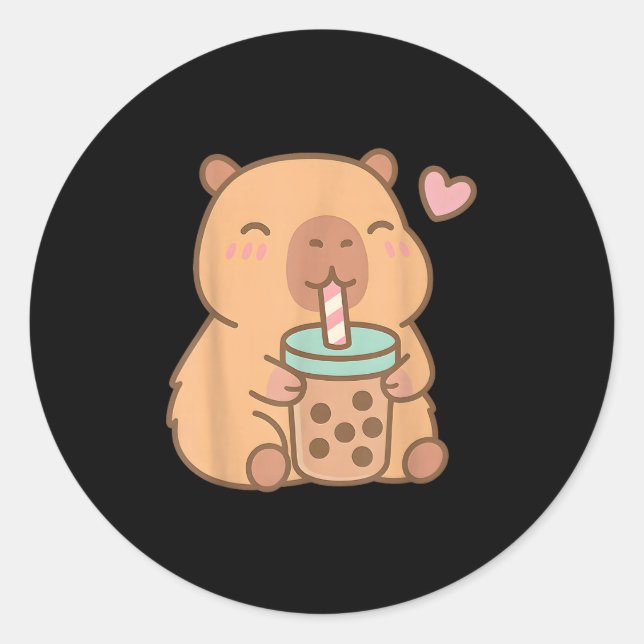 Sticker Rond Cute Capybara Kawaii Anime Boire Bubble Tea Lov (Devant)