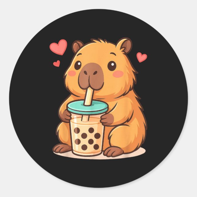 Sticker Rond Cute Capybara Kawaii Anime Drinking Bubble Tea Lov (Devant)