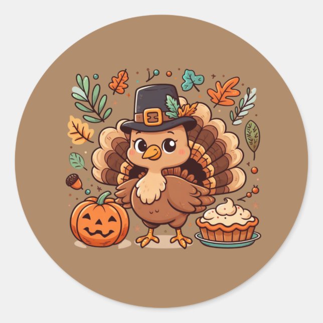 Sticker Rond Cute caricature Thanksgiving dinde et citrouille (Devant)