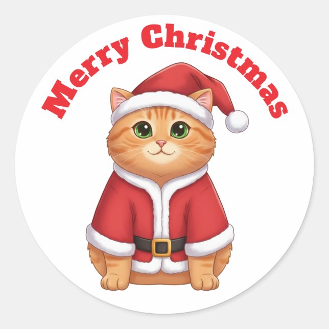 Sticker Rond Cute Cartoon Cat in Santa Suit - Merry Christmas  (Devant)