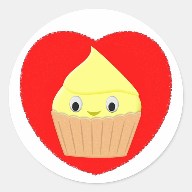 Sticker Rond Cute Cartoon Citron Cupcake Dans Le Coeur Rouge Cl (Devant)