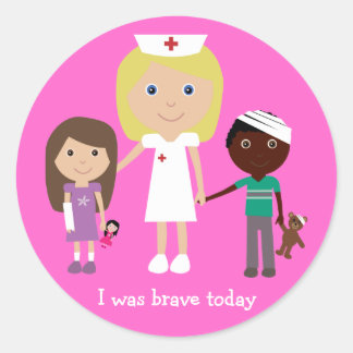Sticker Rond Cute Cartoon Infirmière & Enfants J'Étais Brave Au