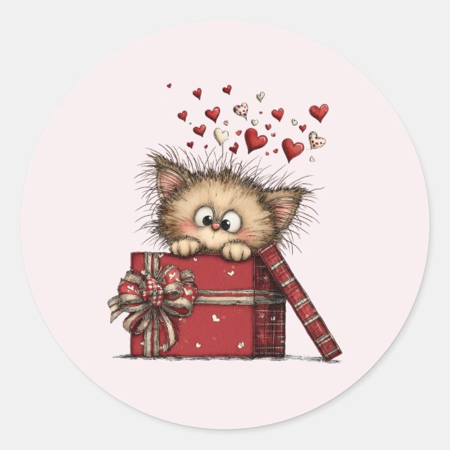 Sticker Rond Cute Cartoon Kitten in a Box with Hearts (Devant)