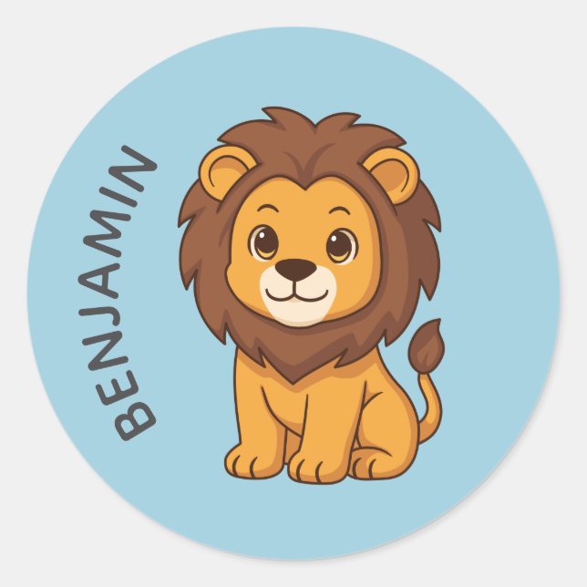 Sticker Rond Cute Cartoon Lion Blue Custom Name (Devant)