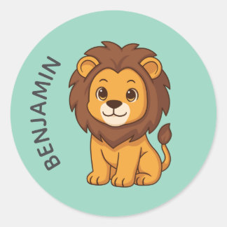 Sticker Rond Cute Cartoon Lion Green Custom Name