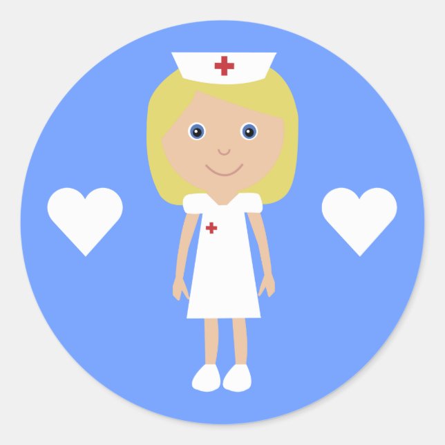 Sticker Rond Cute Cartoon Nurse & Hearts Personnalisable Bleu (Devant)