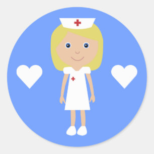Sticker Rond Cute Cartoon Nurse & Hearts Personnalisable Bleu