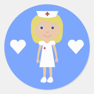 Sticker Rond Cute Cartoon Nurse & Hearts Personnalisable Bleu