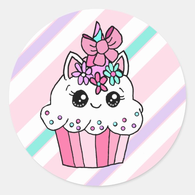 Sticker Rond Cute Cartoon Whimsical Rose Unicorn Cupcake (Devant)