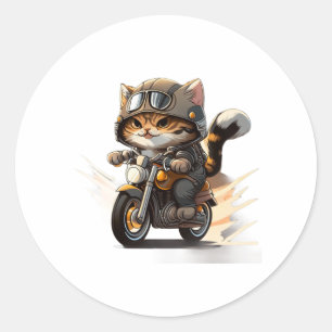 Sticker Rond CUTE CAT chevauchant une motocyclette classique T-