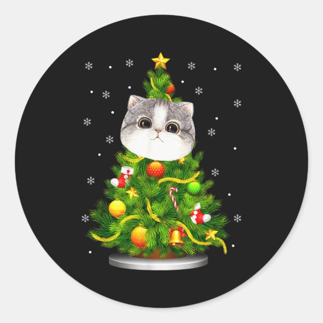 Sticker Rond Cute Cat Christmas Tree Holiday Cat Lovers Xmas Wo (Devant)