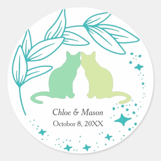 Sticker Rond Cute Cat Couple et une verdure unique (Devant)