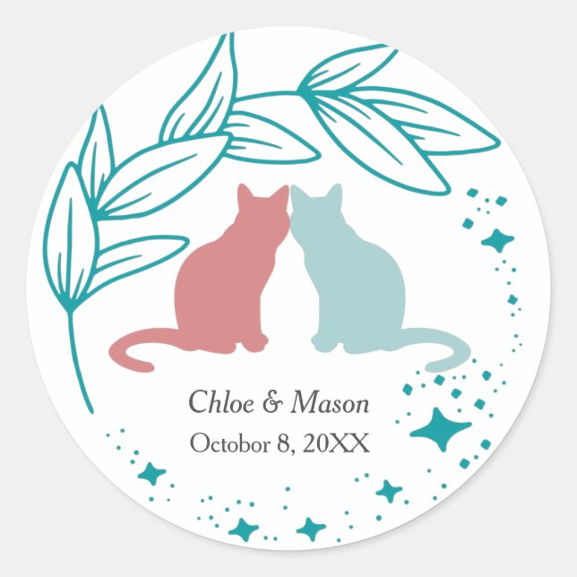 Sticker Rond Cute Cat Couple et une verdure unique (Devant)