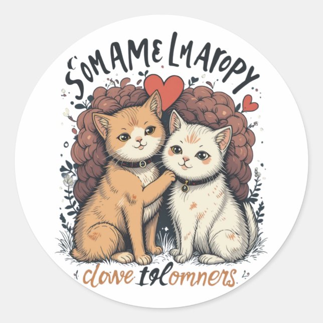 Sticker Rond Cute Cat Couple Gros Amour & Amitié Art (Devant)