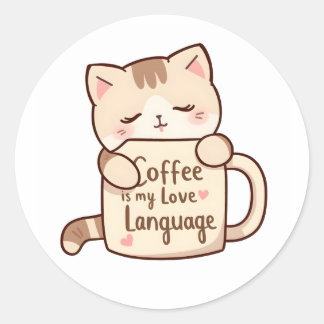 Sticker Rond Cute Cat Hug Coffee Love Language