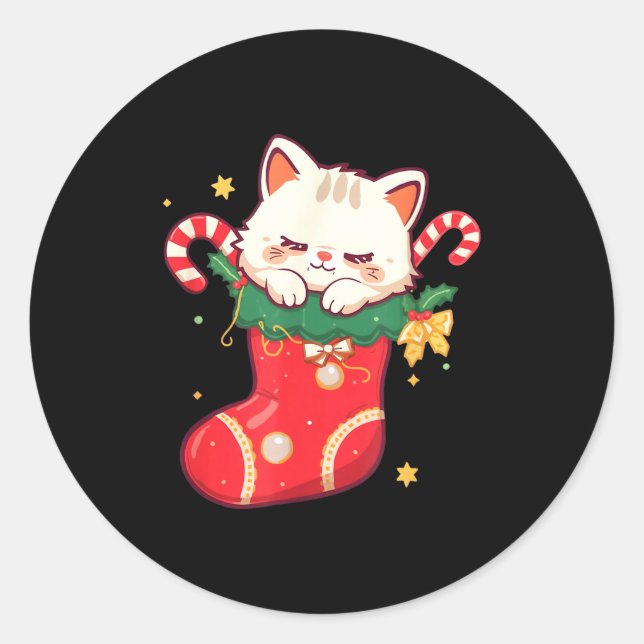 Sticker Rond Cute Cat In Christmas Stocking Kawaii Anime Xmas G (Devant)