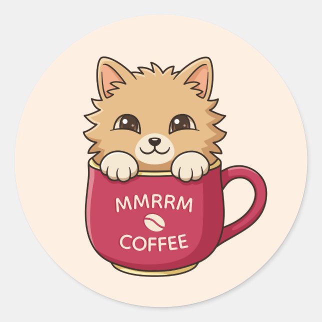 Sticker Rond Cute Cat in Coffee Mug Custom Text Beige (Devant)