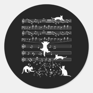 Sticker Rond Cute Cat Kitty Jouer Musique Note Clef Piano Musiq