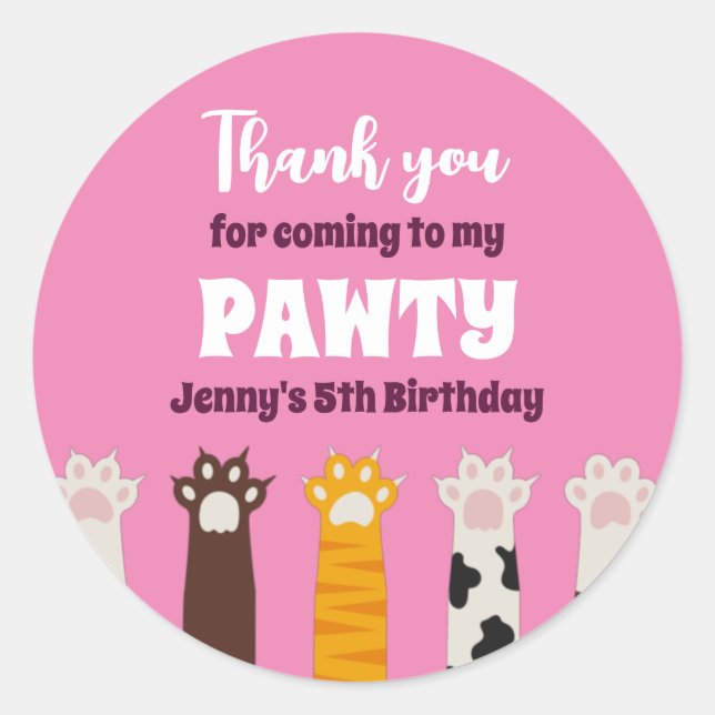 Sticker Rond Cute Cat Paws Enfants Pawty Animaux Fête d'anniver (Devant)