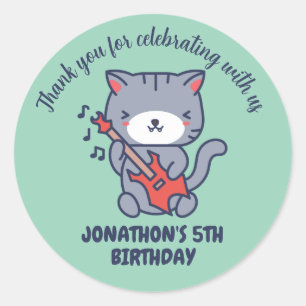 Sticker Rond Cute Cat Play Guitare Anniversaire de enfant Party