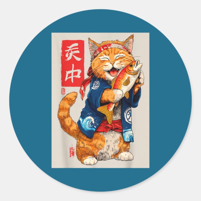 Sticker Rond Cute Cat Sushi Japanese Food Anime Graphic Tees Me (Devant)