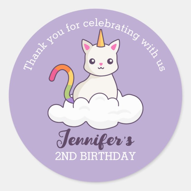 Sticker Rond Cute Cat Unicorn Anniversaire de enfant Party Favo (Devant)