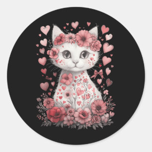 Sticker Rond Cute Cat Valentines Fleurs de la Journée Coeur Amo