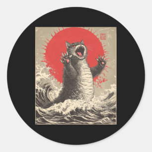 Sticker Rond Cute Catzilla Chat Japonais Art Drôle Chat
