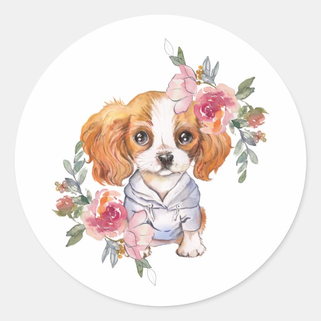 Sticker Rond Cute Cavalier King Charles Spaniel et Fleurs (Devant)