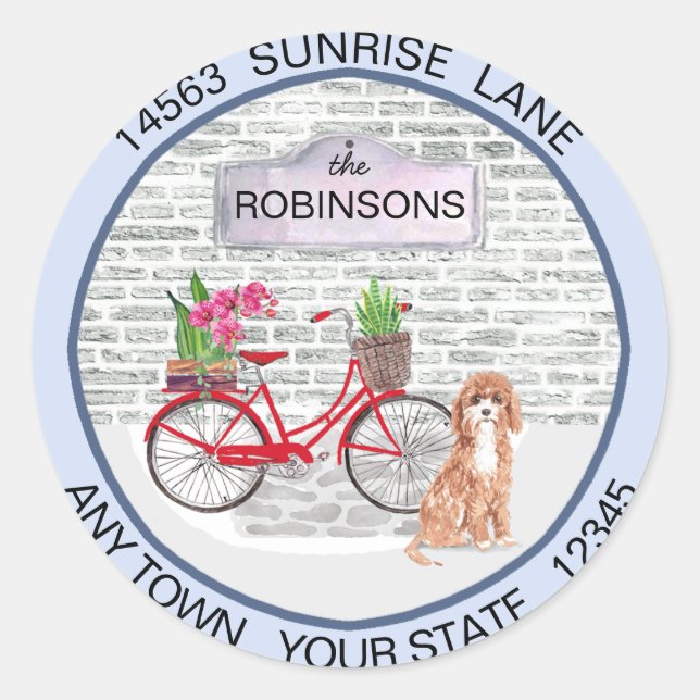 Sticker Rond Cute Cavapoo Chien Moving Bicycle Nouvelle adresse (Devant)
