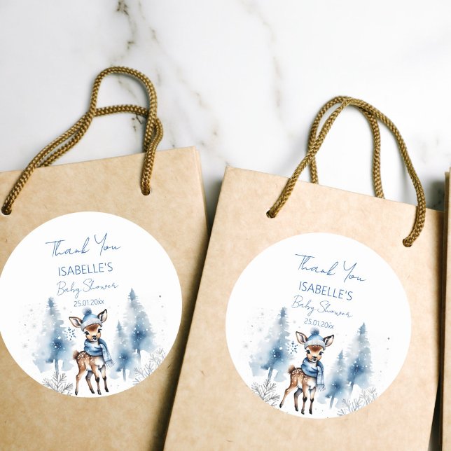 Sticker Rond Cute cerf Winter boys baby shower merci pour (Cute deer Winter boys baby shower thank you favor Sticker snowy pines winter baby shower favor stick)
