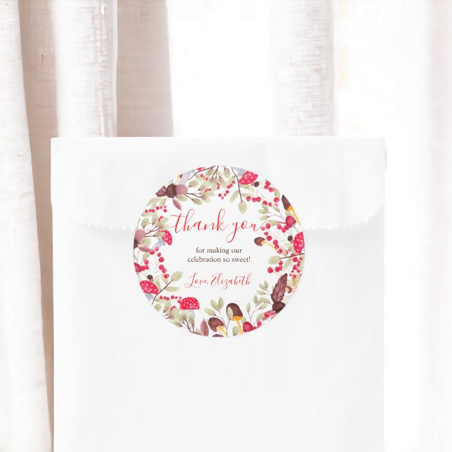 Sticker Rond Cute champêtre forêt rustique merci baby shower (Cute mushroom rustic forest thank you baby shower classic round sticker)