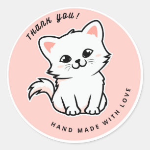 Sticker Rond Cute Chat Blanc Rose Fait À La Main Avec Merci D'A