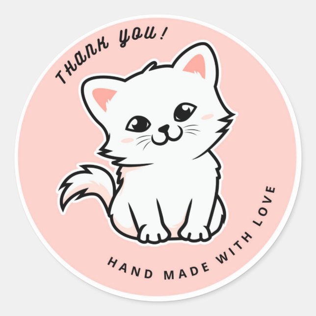 Sticker Rond Cute Chat Blanc Rose Fait À La Main Avec Merci D'A (Devant)