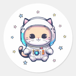 Sticker Rond Cute Chat En Costume Astronaut Flottant Dans L'Esp