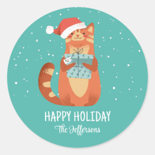 Sticker Rond Cute Chat En Noël Casquette Vacances D'Hiver