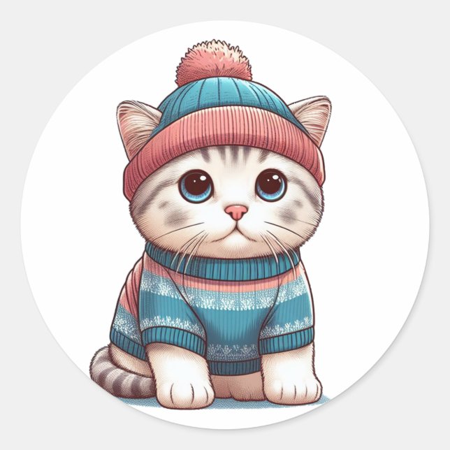 Sticker Rond Cute Chat en pull et beanie (Devant)