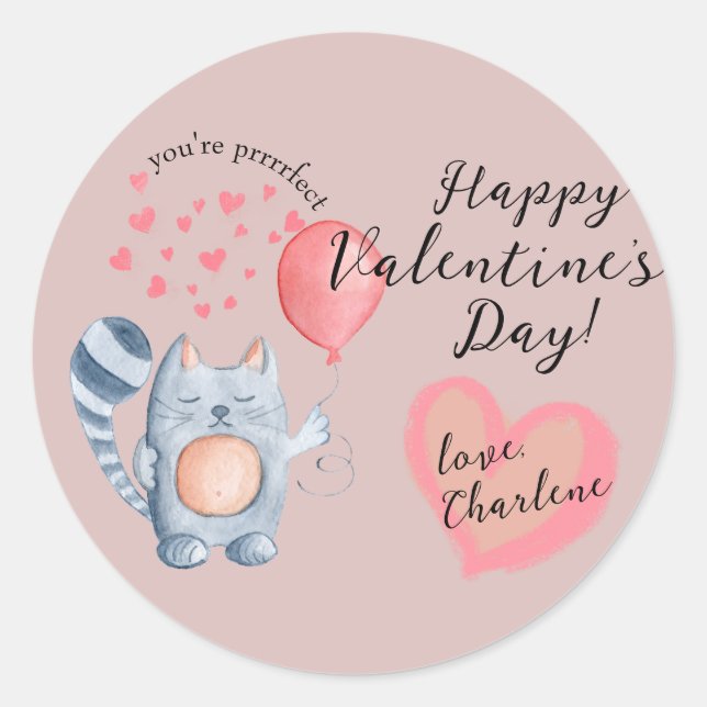 Sticker Rond Cute Chat et Balloon Saint Valentin (Devant)