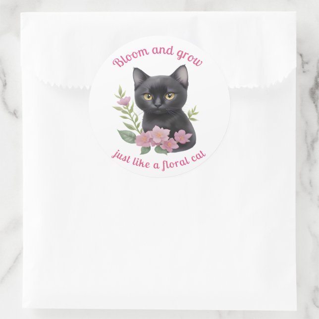 Sticker Rond Cute chat Floral Design Fleurit et grandit (Sac)
