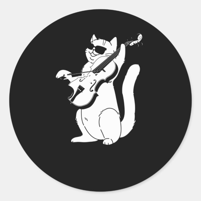 Sticker Rond Cute Chat jouant Violon String Musicien d'instrume (Devant)